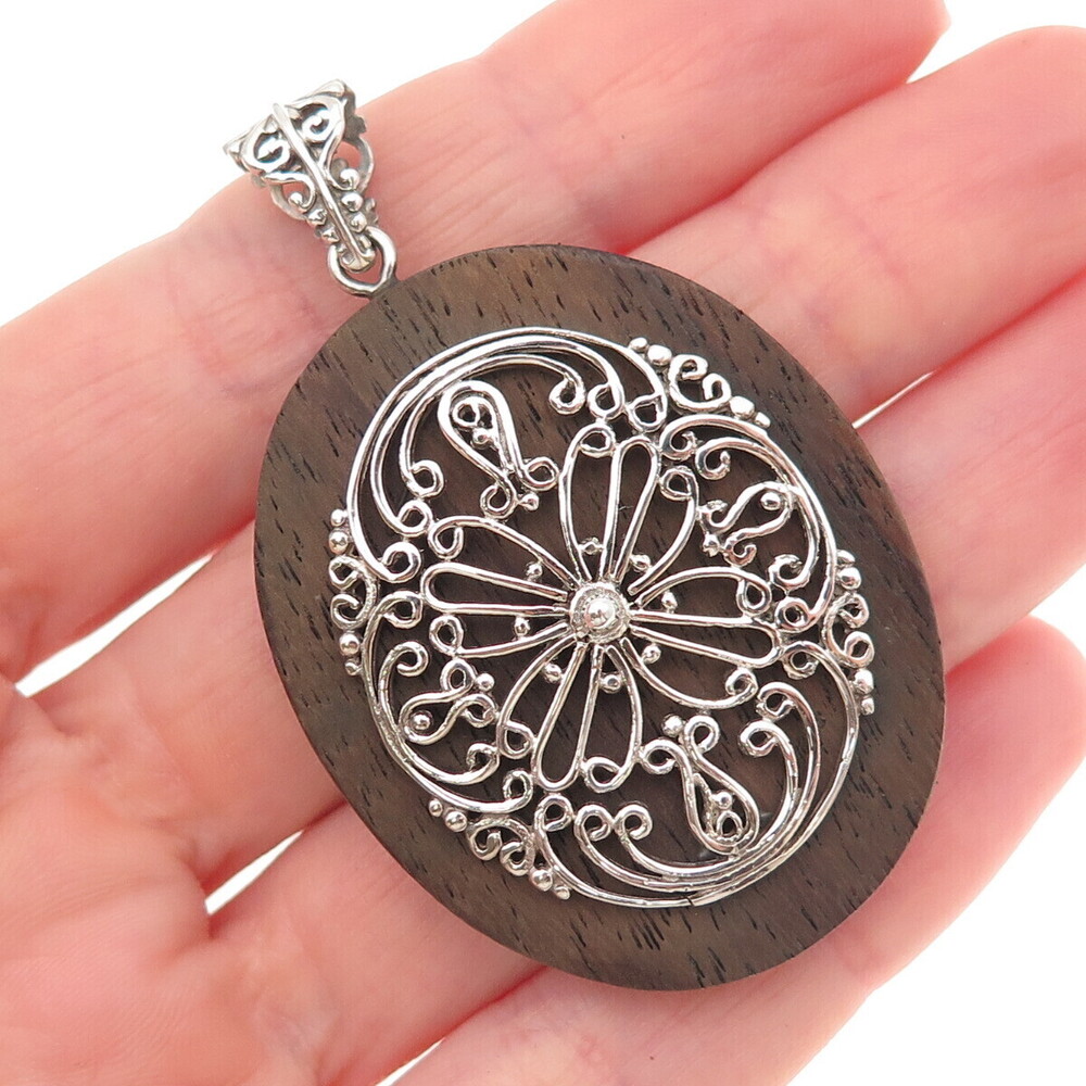 925 Sterling Silver Vintage Wood Floral Ornate Pendant